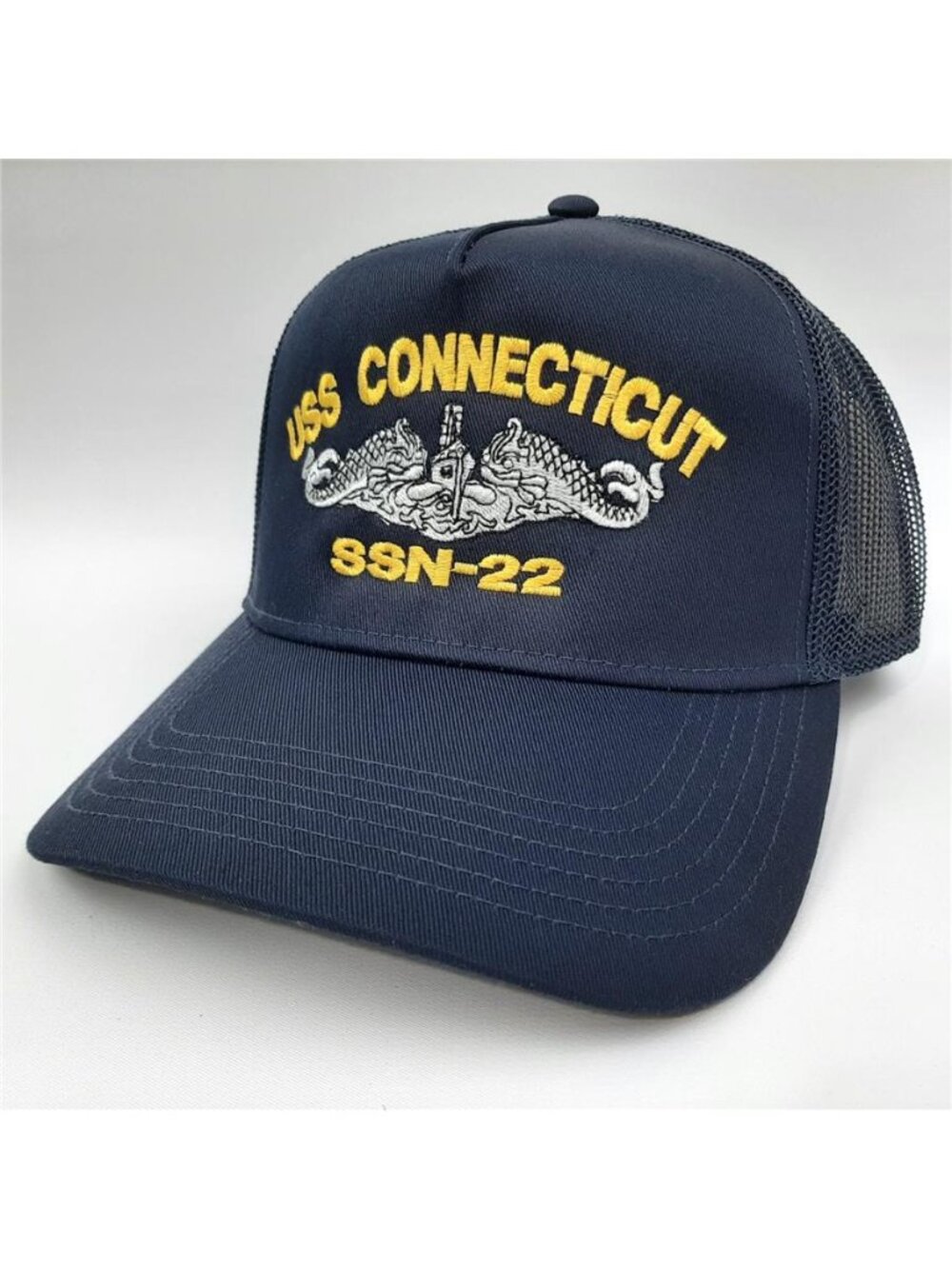 NWT USS Connecticut SSN-22 Navy Blue Embroidered Mesh Trucker Snapback Hat Cap O